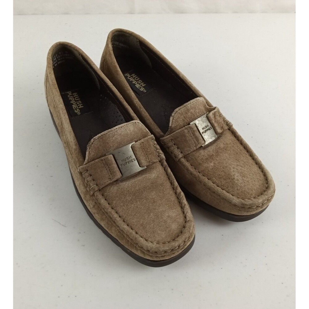 Hush Puppies Leather Suede Slip On Loafers Size 5.5M Womens with Buckle Accent